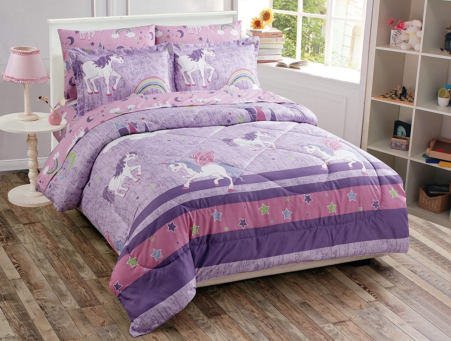 Kids Zone Home Linen Unicorn Rainbow Girls’ Comforter Set, 5-Piece
