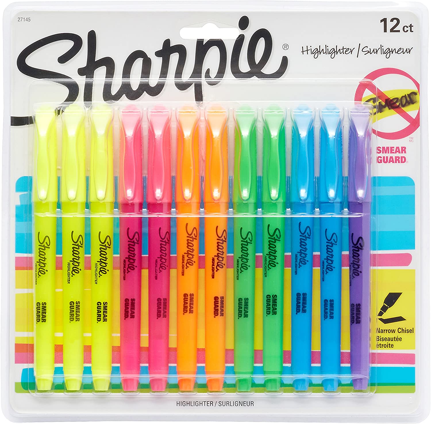Sharpie 27145 High Contrast Easy Glide Highlighters, 12-Count