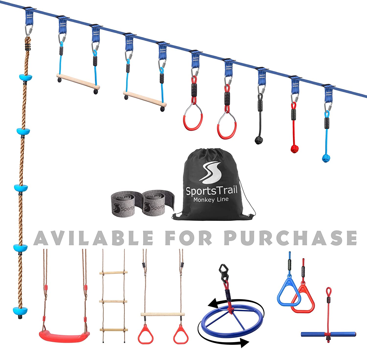 Ninja Warrior Training Equipment Accessories Include Swing Ladder Childrens Windproof Ninja Obstacle Course Ninja Slack Rope with 14 Obstacles 