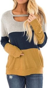 Topstype Women’s Fall Color Block Chest Cutout Long Sleeve Top
