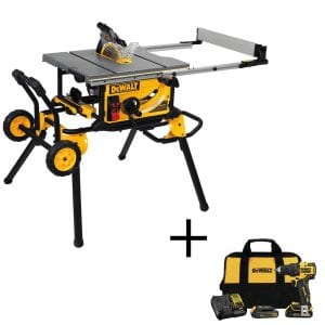 DEWALT 15 Amp Corded 10-Inch Job Site Table Saw, Rolling Stand & Atomic Drill Driver Kit