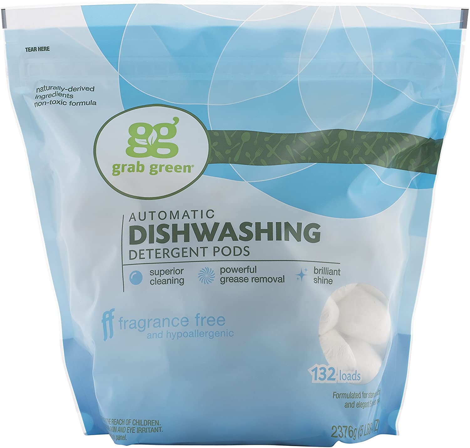 Grab Green Fragrance Free Natural Dishwasher Pack, 132-Count