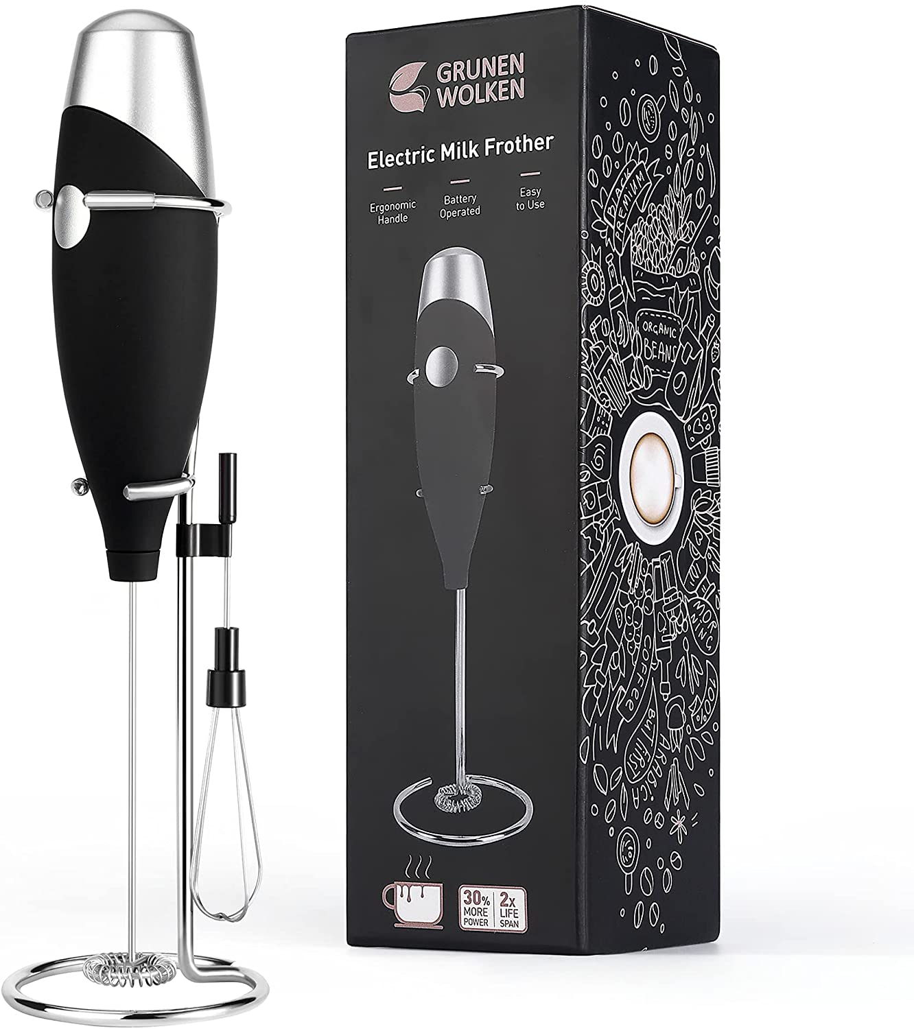 ELITAPRO ULTRA-HIGH-SPEED 19,000 RPM, Milk Frother DOUBLE WHISK, Unique  Detachable EGG BEATER and STAND For quick preparation (Black)
