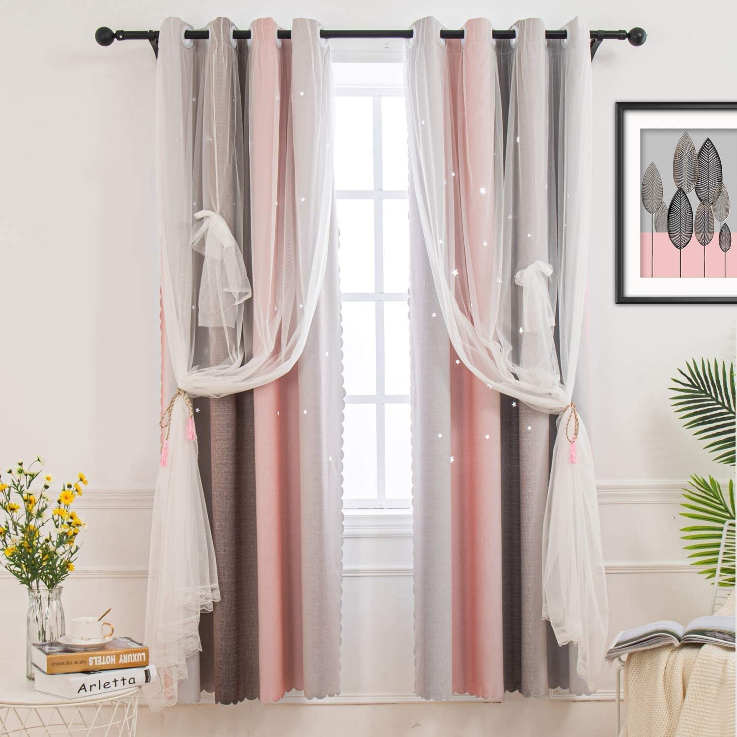 Hughapy Double Layer Star Blackout Bedroom Curtains