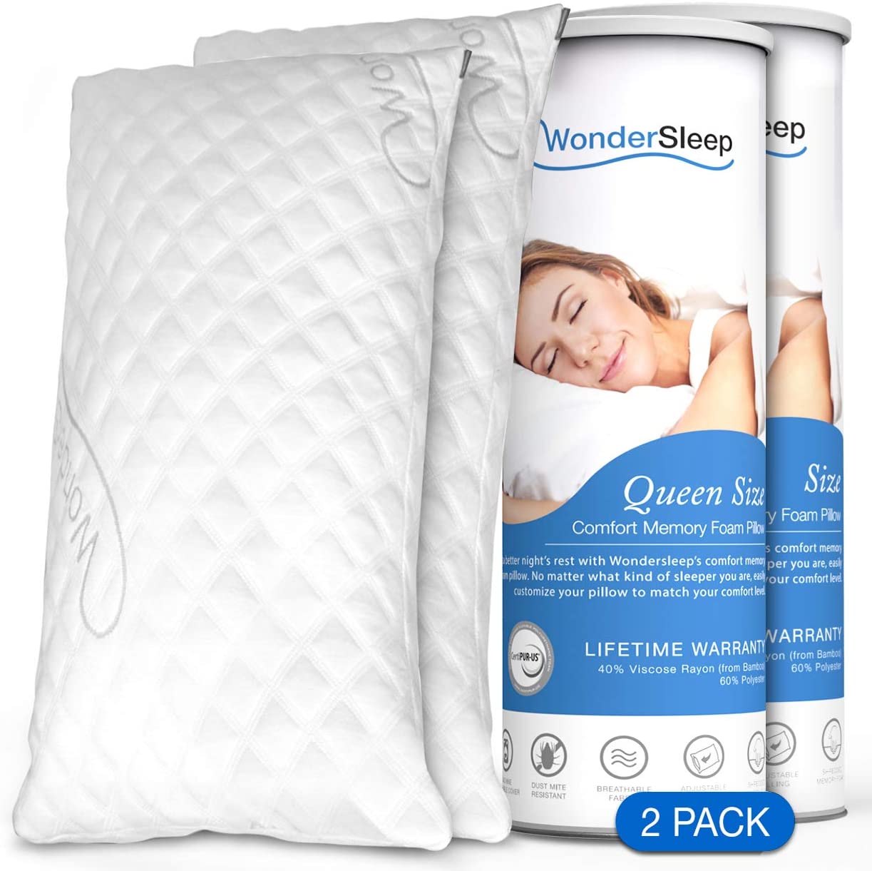 WonderSleep Adjustable Shredded Hypoallergenic Memory Foam Pillow