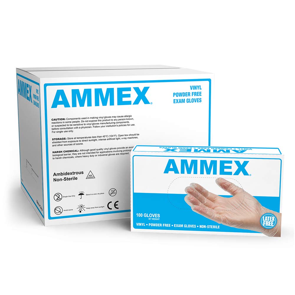 Ammex Clear Vinyl Latex & Powder Free Exam Gloves, Small