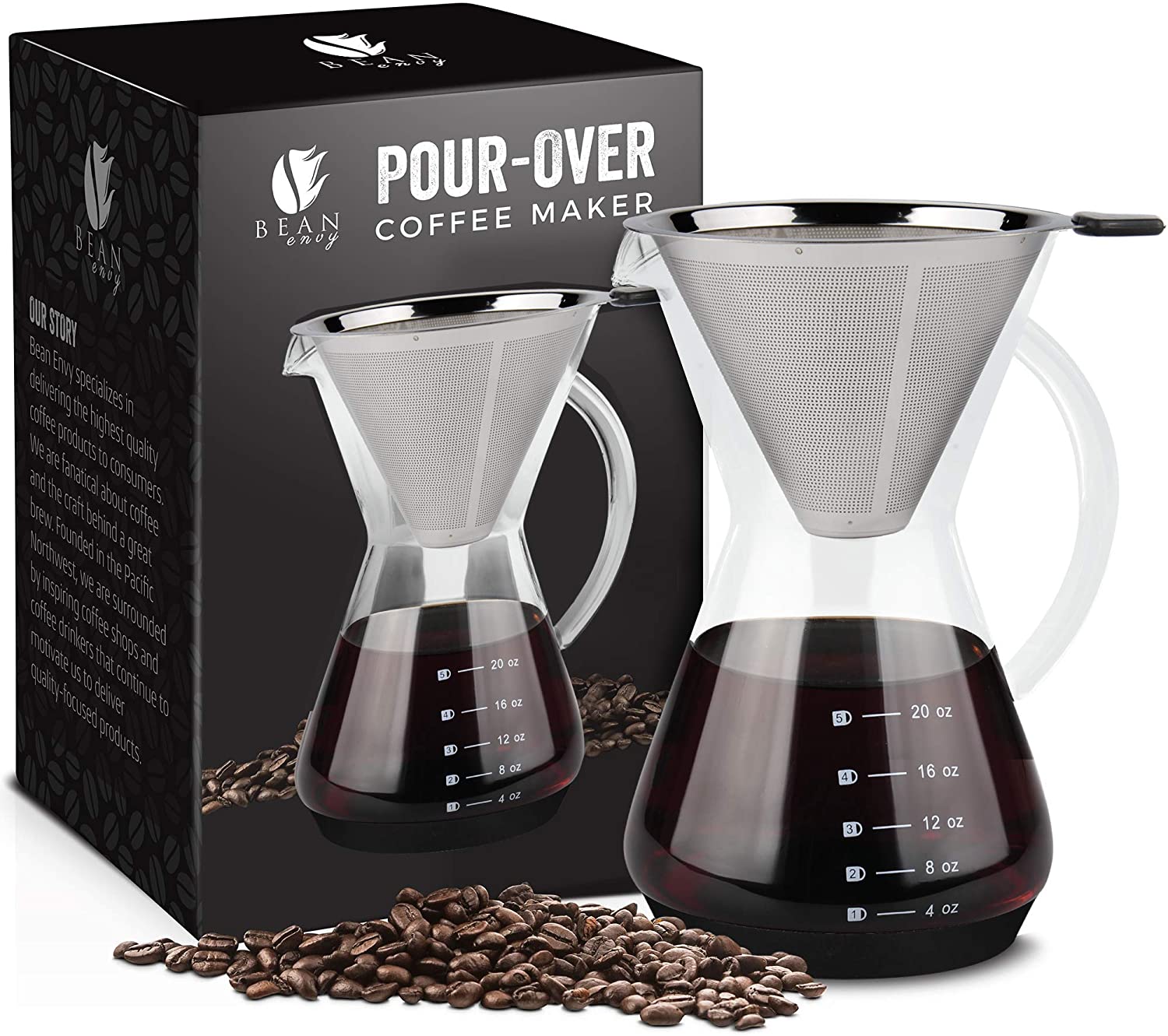 Bean Envy Glass & Paperless Coffee Pour Over Maker, 20-Ounce