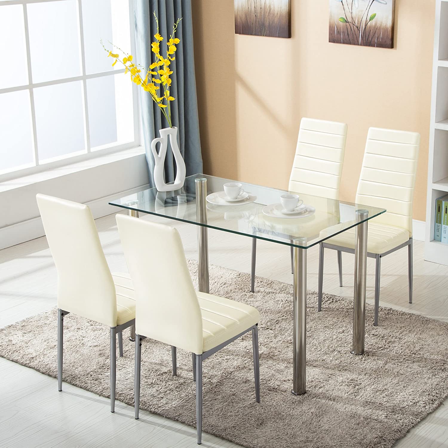Mecor Tempered Glass & Leather Chair Dining Table Set, 5-Piece