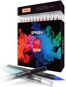 SPREEY Refillable Watercolor Brush Markers, 48-Count