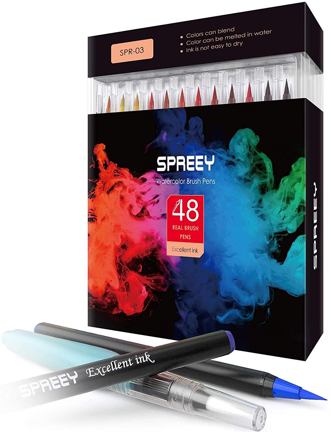 SPREEY Refillable Watercolor Brush Markers, 48-Count