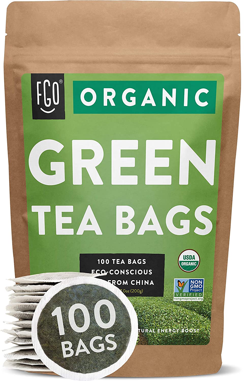 FGO Organic Eco-Conscious Green Tea Bags, 100-Count