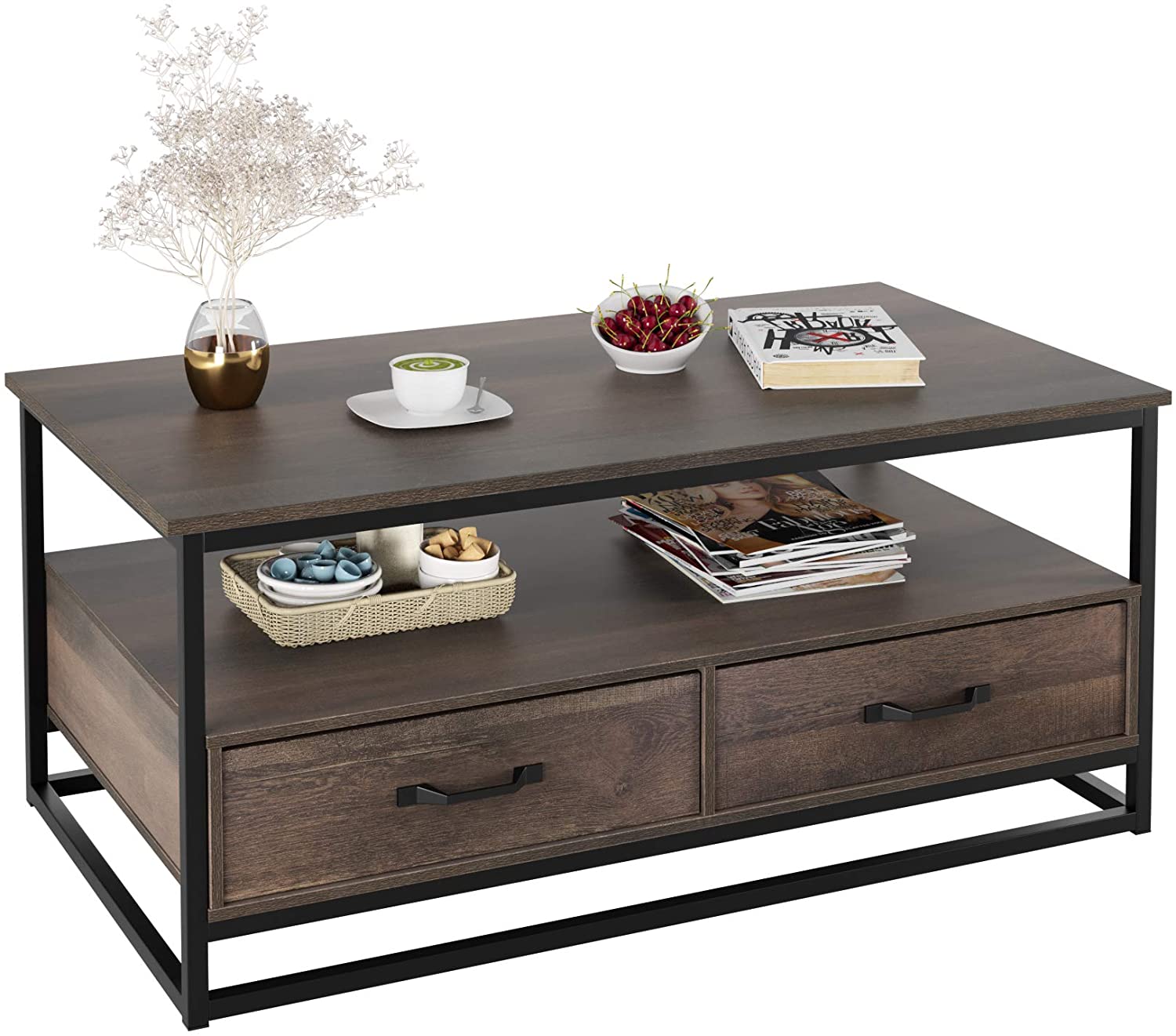 HOMECHO Industrial Wood & Metal Coffee Table, 43-Inch