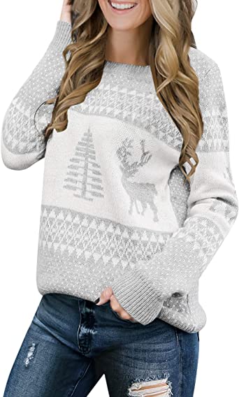 LookbookStore Grey Tree & Reindeer Christmas Sweater For Women