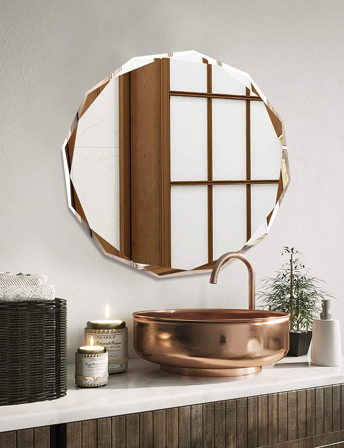 MUAUSU Frameless Scalloped Wall Mirror, 24×24-Inch