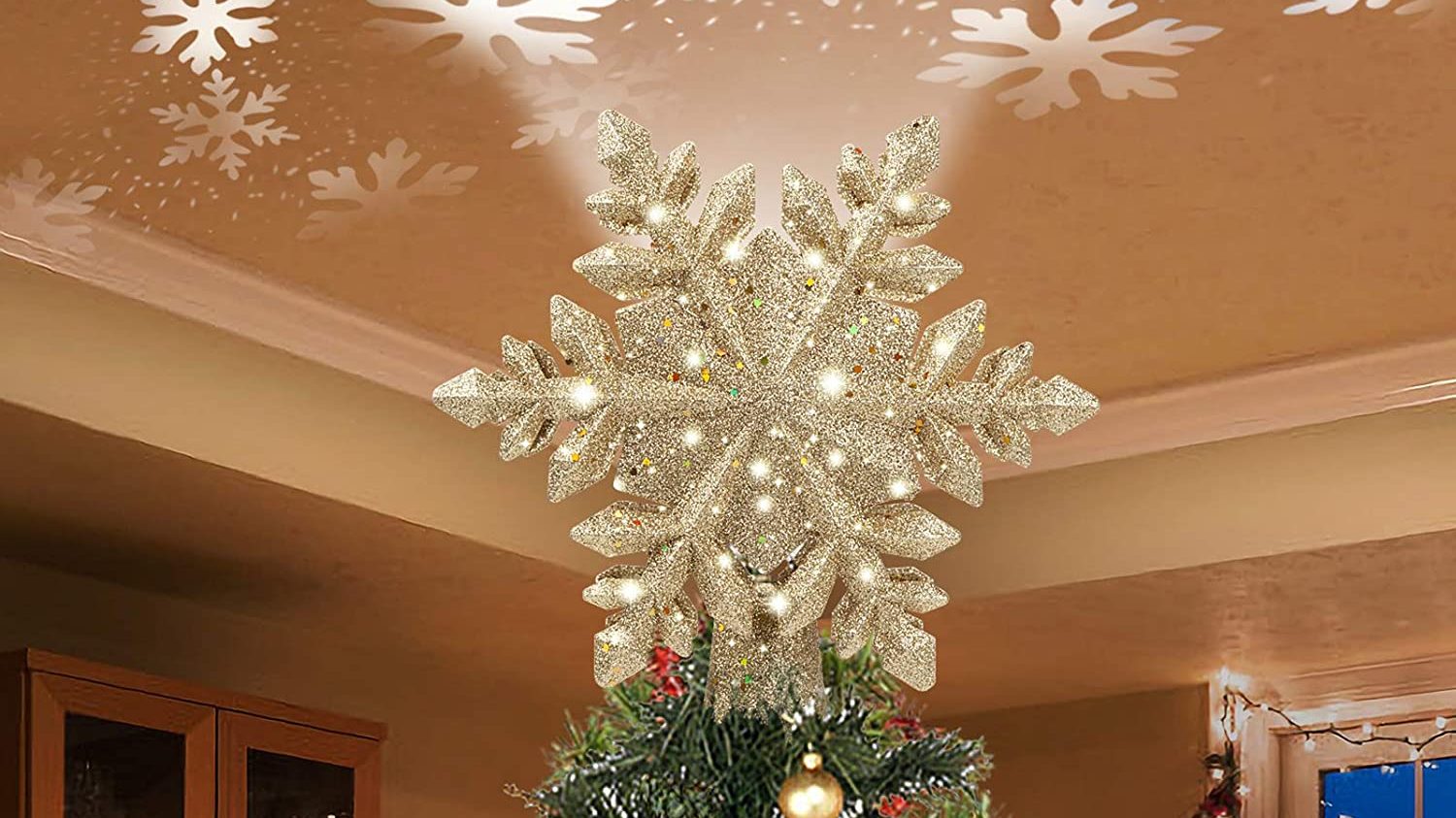 8 Inches Christmas Tree Topper Gold Glittered Christmas Tree Decoration .for Party Home Decoration Glitter Snowflake Ornament 2 Pack Christmas Gold Tree Stars 