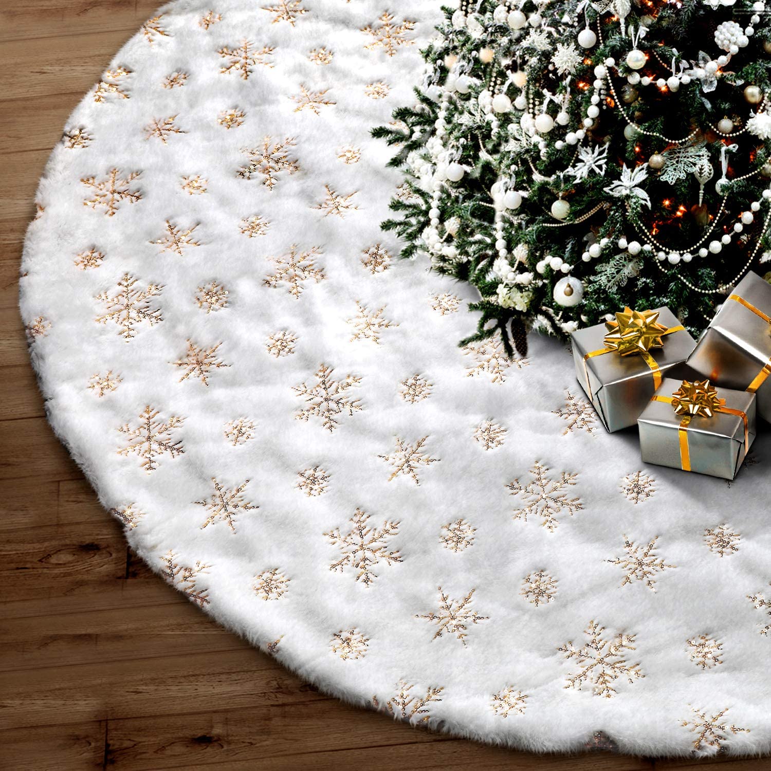 Soqool White Faux Fur Christmas Tree Skirt, 48-Inch
