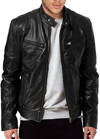 The Leather Factory Men’s Genuine Lambskin Black Leather Biker Jacket