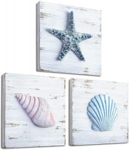 TideAndTales Wooden Seashell Art Beach Bathroom Decor, 3-Piece
