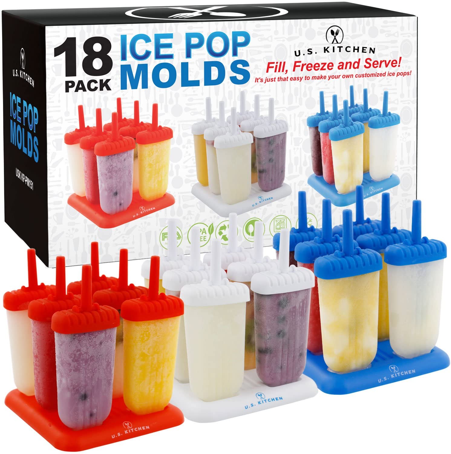 U.S. Kitchen Supply BPA-Free Reusable Ice Cream Mold, 18-Pack