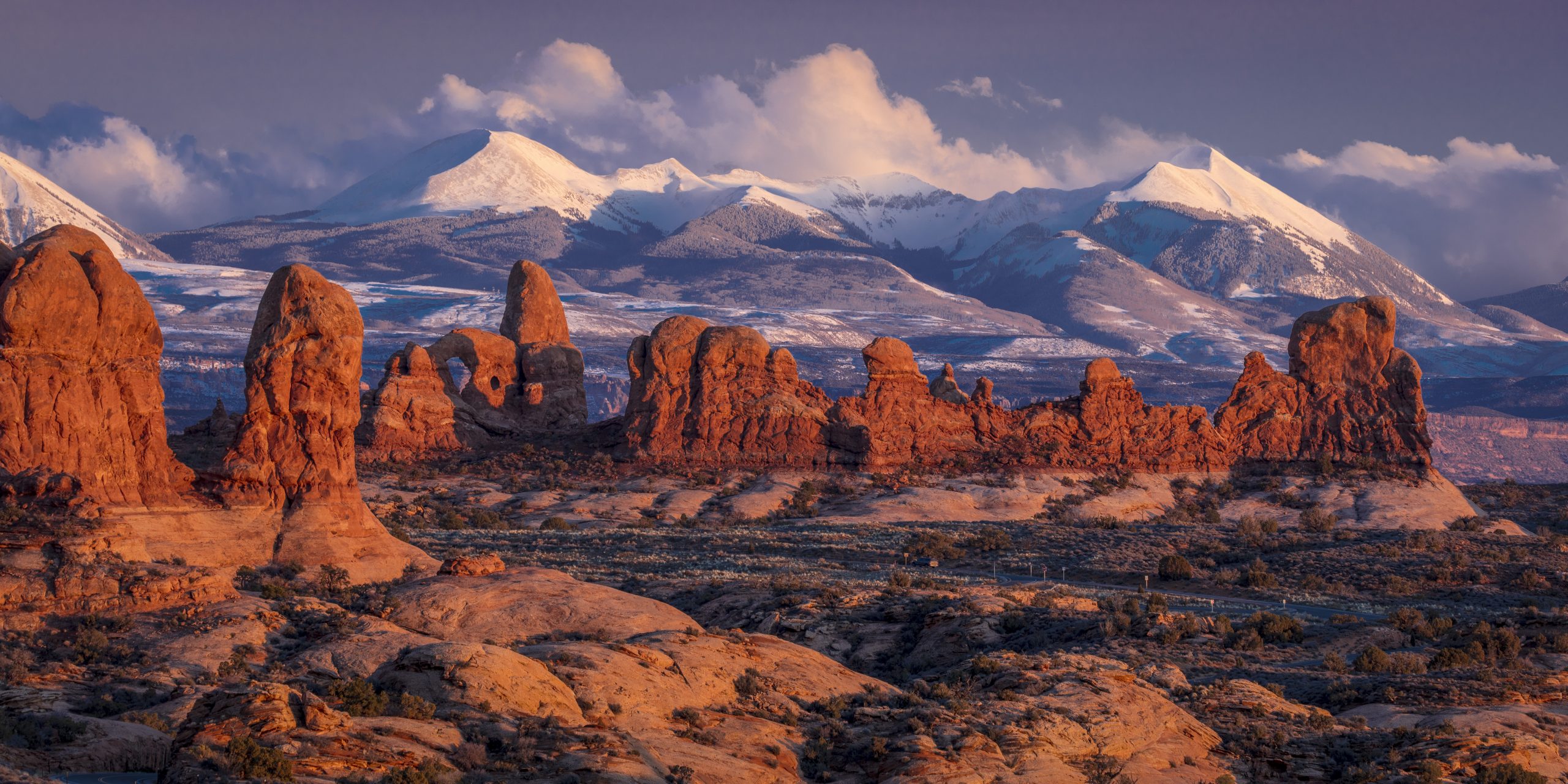 Arches National Park, Utah at sunset with La Salle mountains