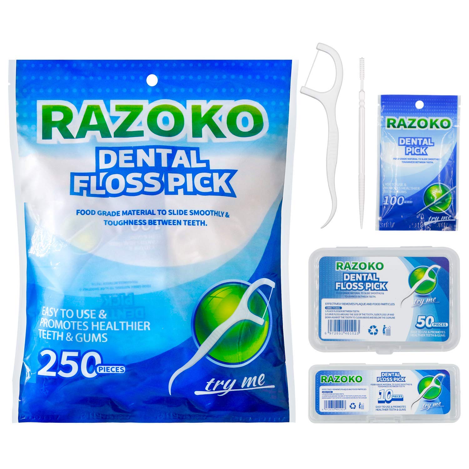 RAZOKO Interdental Food-Grade Tooth Floss Picks, 250-Count