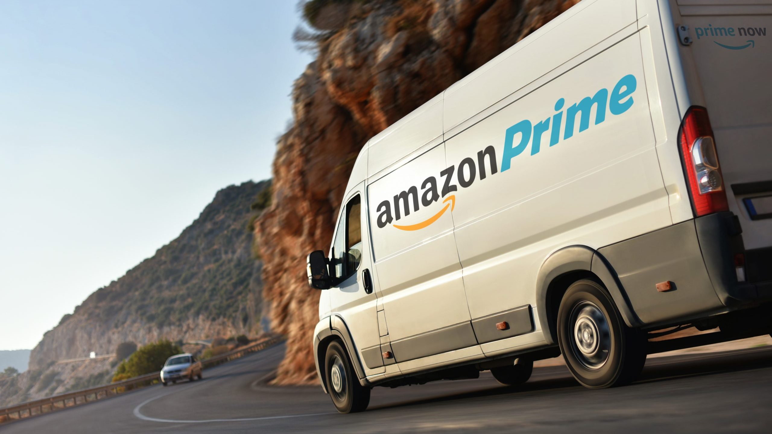 Amazon Prime truck drives down road