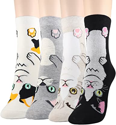 DearMy Casual Cotton Crew Cat Socks, 4-Pack