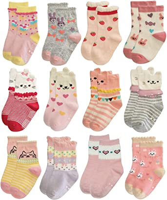 RATIVE Cute Gripper Socks For Toddler Girls, 12-Pack