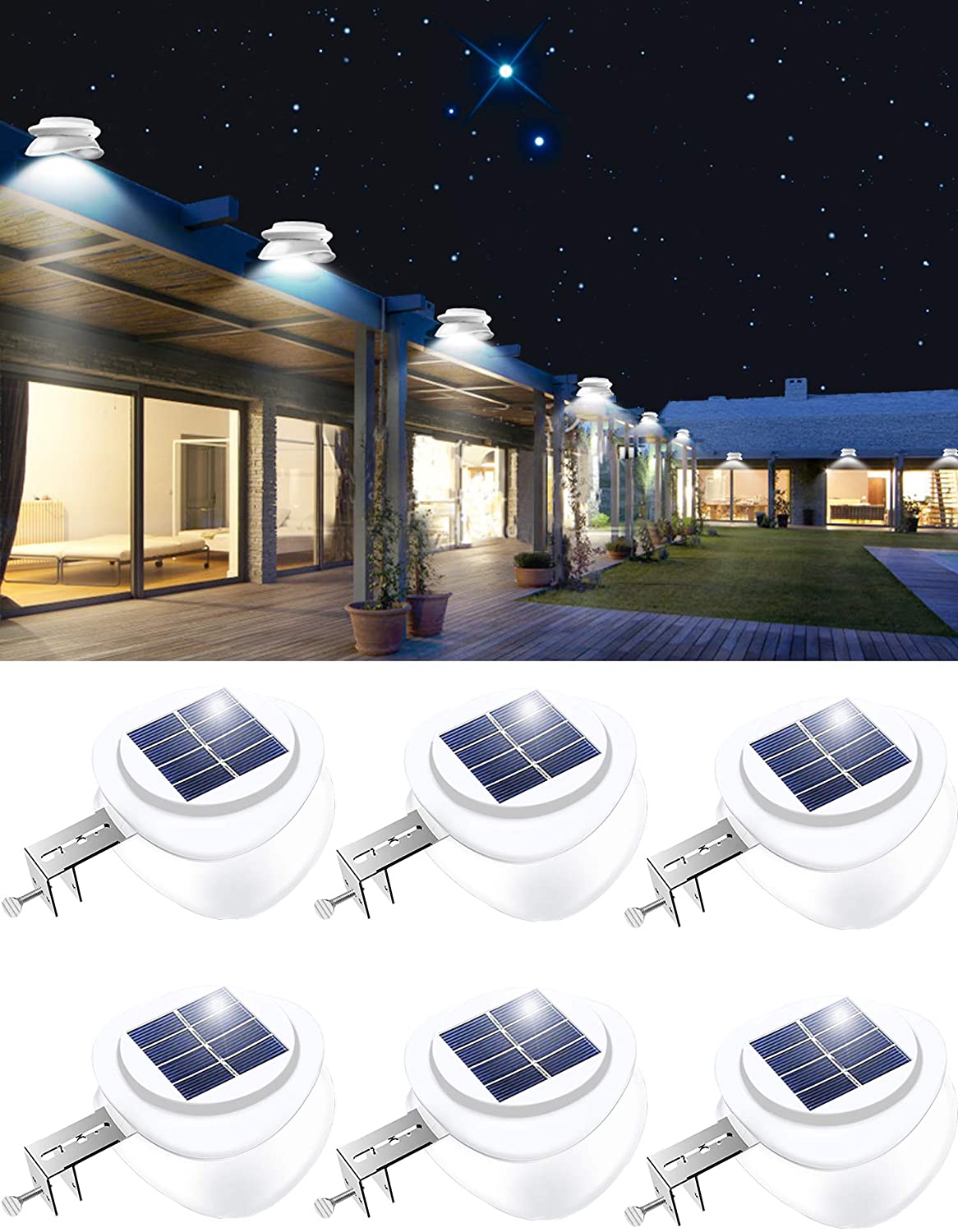 ROSHWEY Clip-On Outdoor Dusk-To-Dawn Solar Gutter Lights, 6-Pack