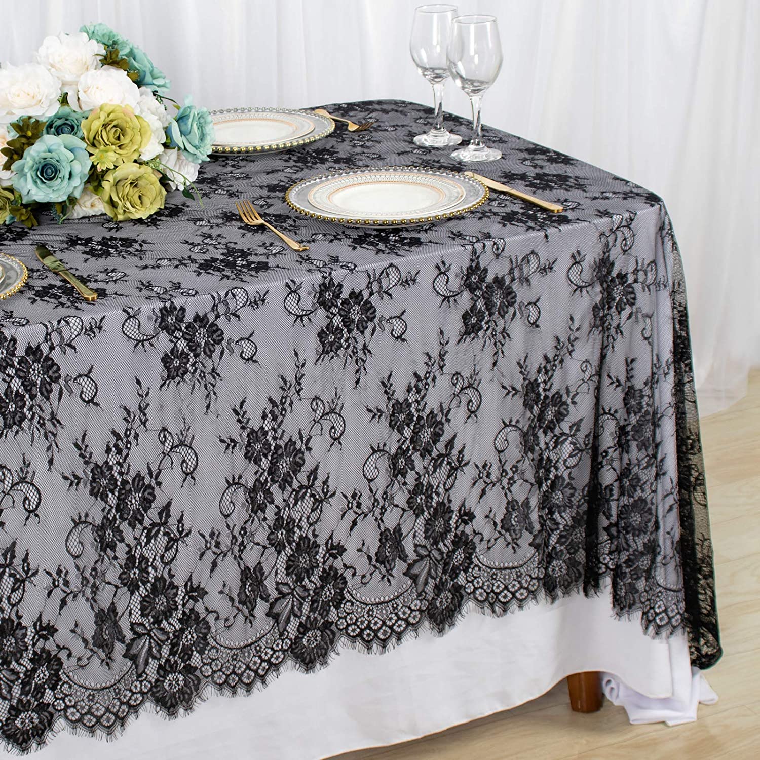 ShinyBeauty Black Scalloped Edged Black Lace Tablecloth