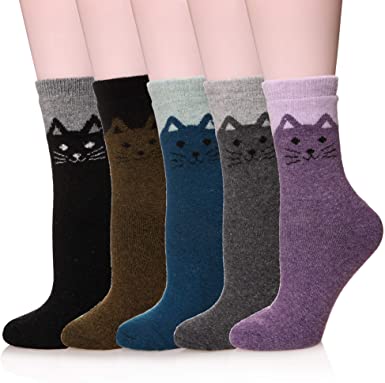 Velice Breathable Wool Crew Cat Socks, 5-Pack