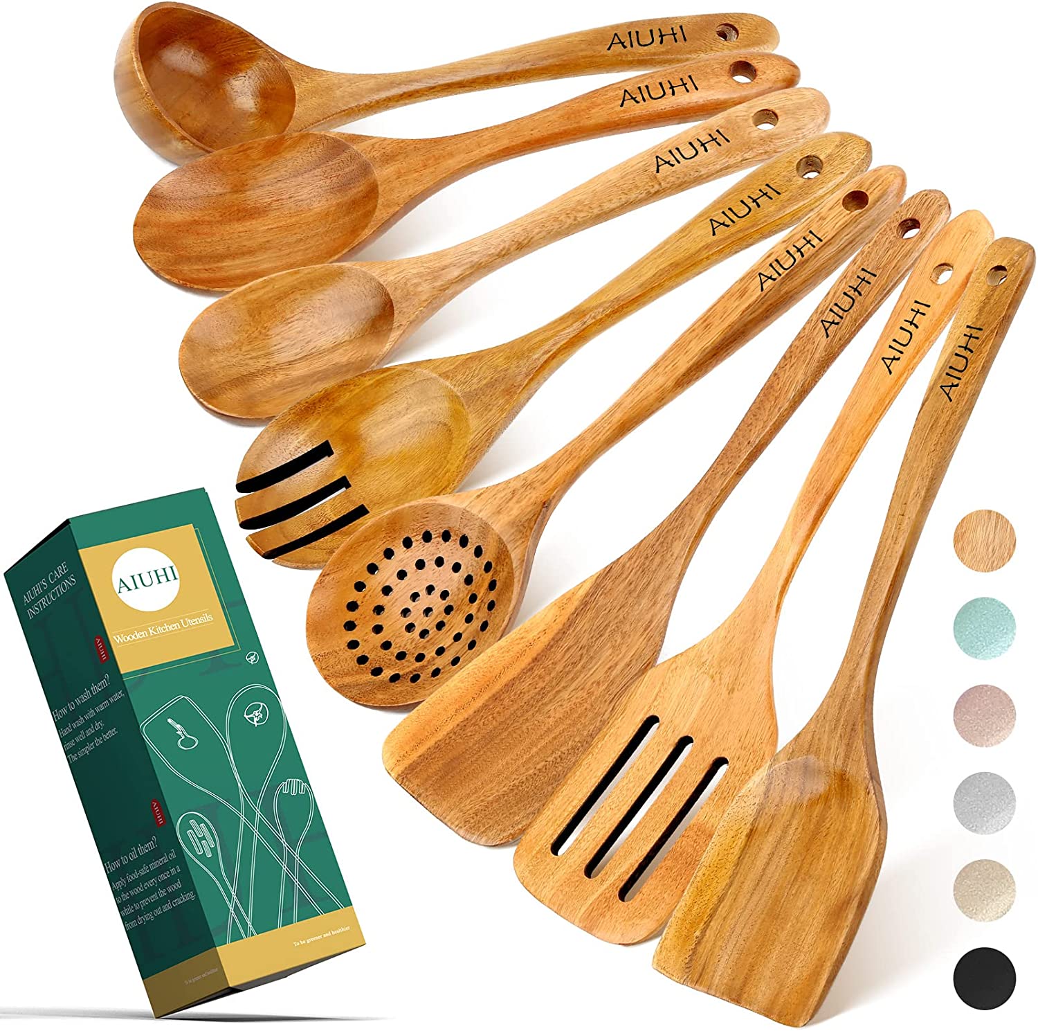 AIUHI Non-Toxic Wooden Spoon & Spoon Set, 8-Piece