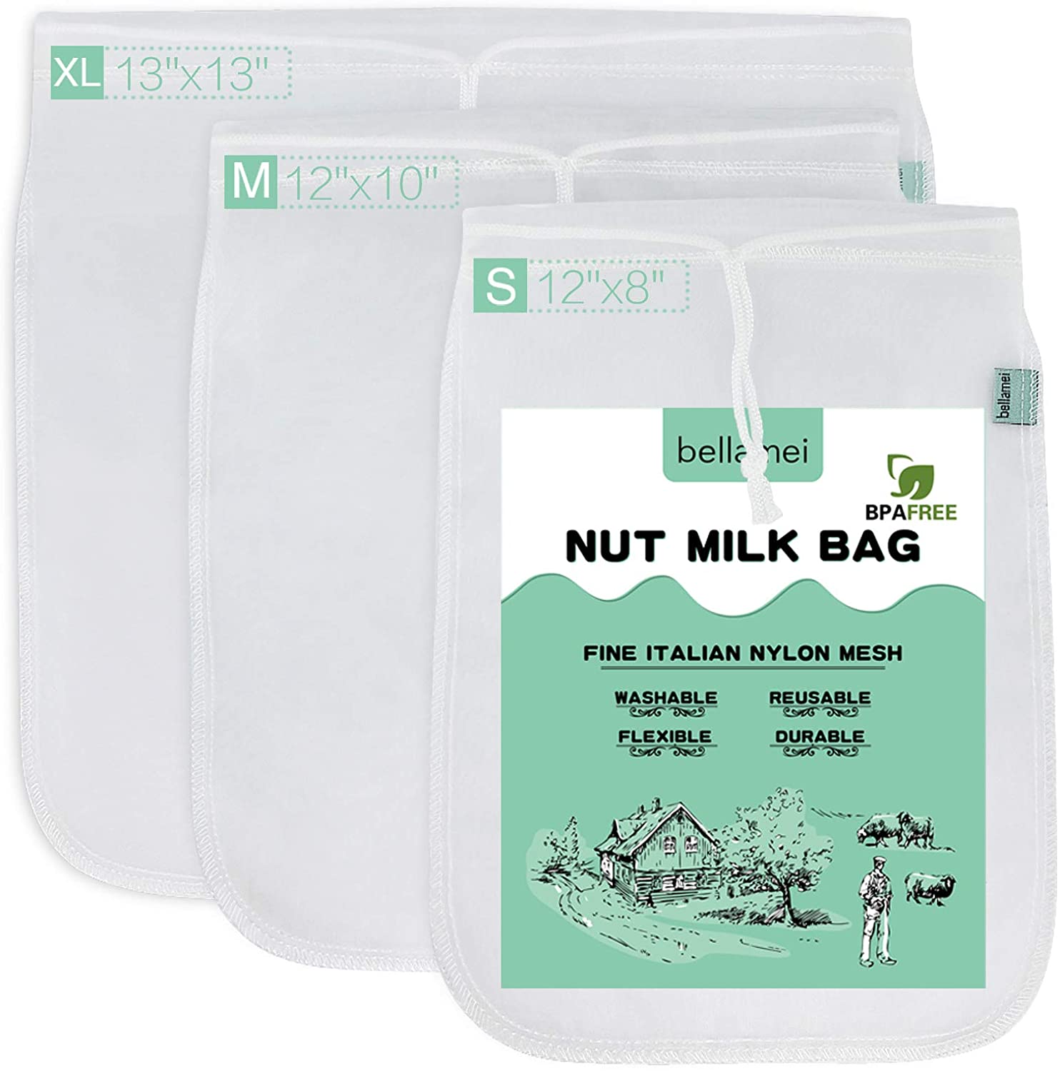 Bellamei Washable Reusable Nylon Mesh Nut Bags, 3-Pack