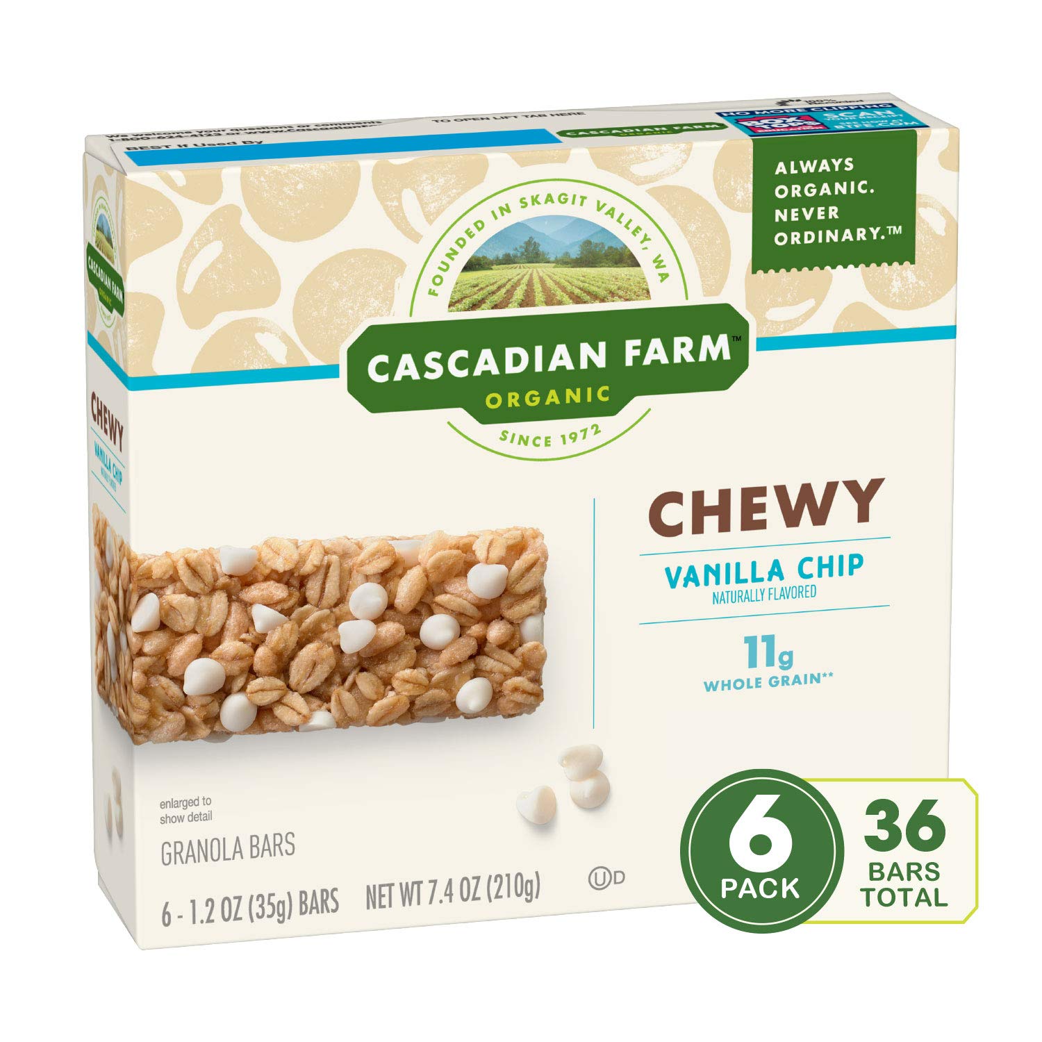 CASCADIAN FARM Organic Vanilla Chip Chewy Granola Bars, 6-Pack