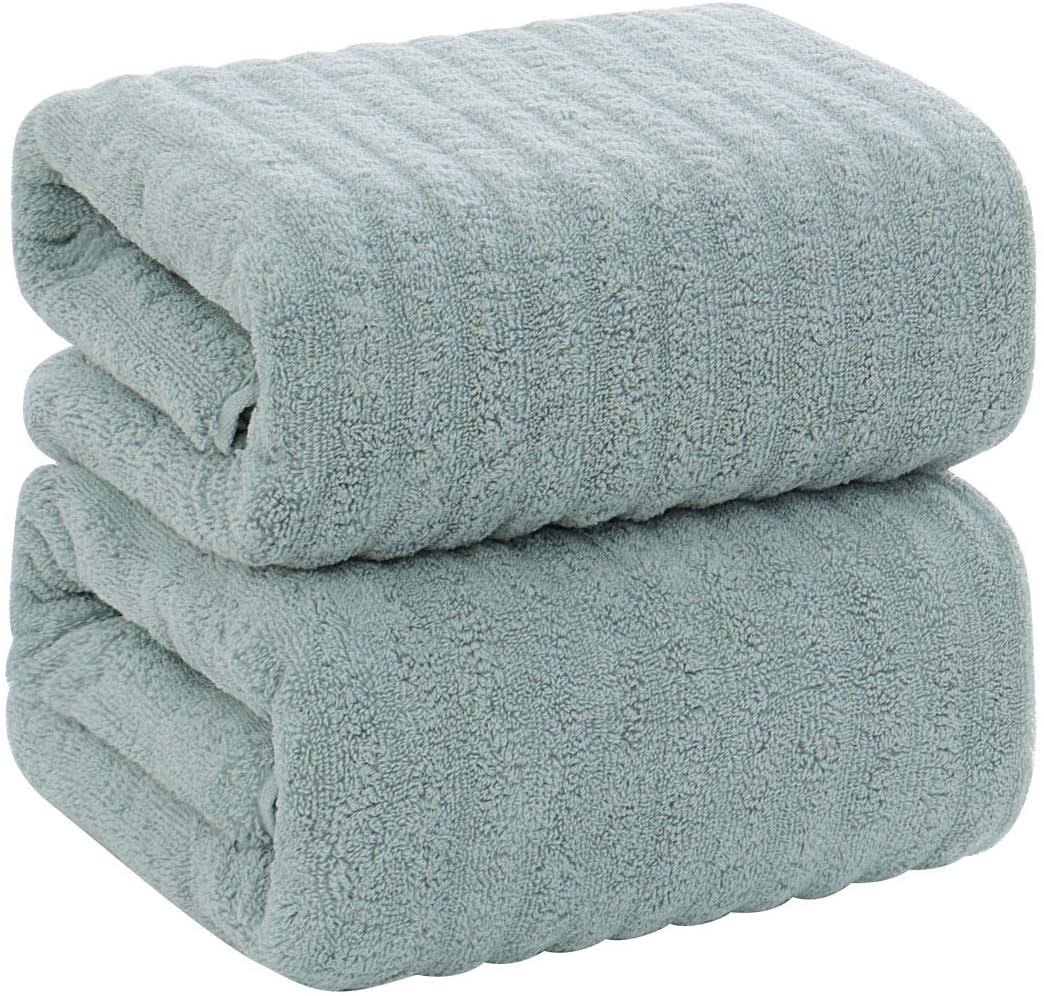PiccoCasa Double-Stitched Cotton Ribbed Bath Towels, 2-Pack