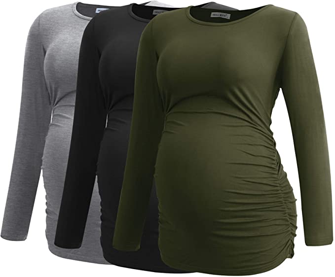 Smallshow Women’s Ruched Side Long Sleeve Maternity Top, 3-Pack