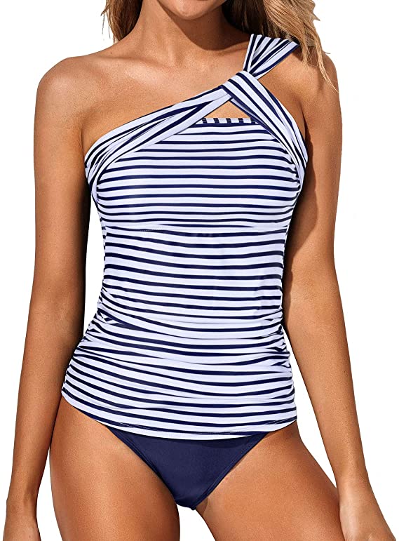Tempt Me Women’s Tankini Ruched One Shoulder Tummy Control Top Swimsuit