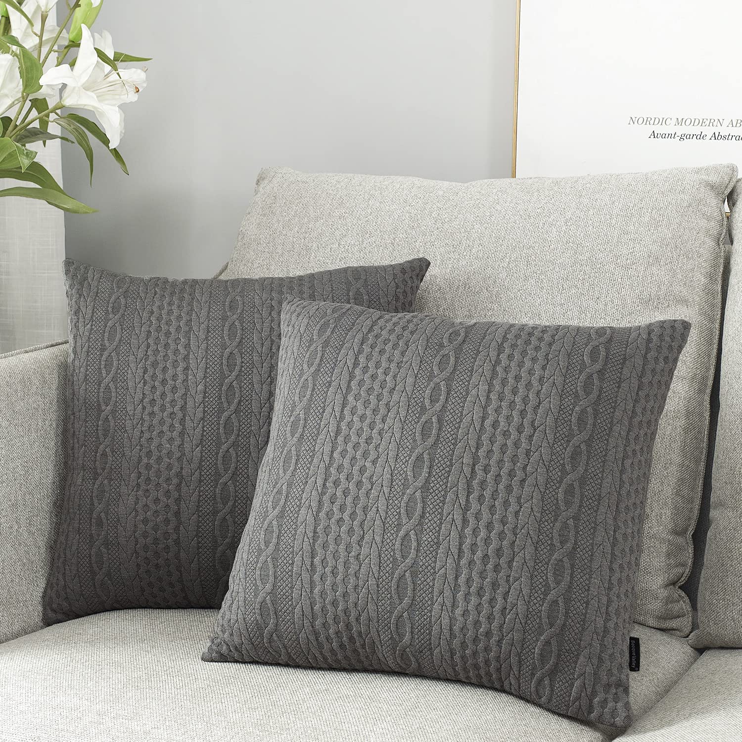 Booque Valley Knit Fabric Grey Throw Pillow Covers, 2-Pack