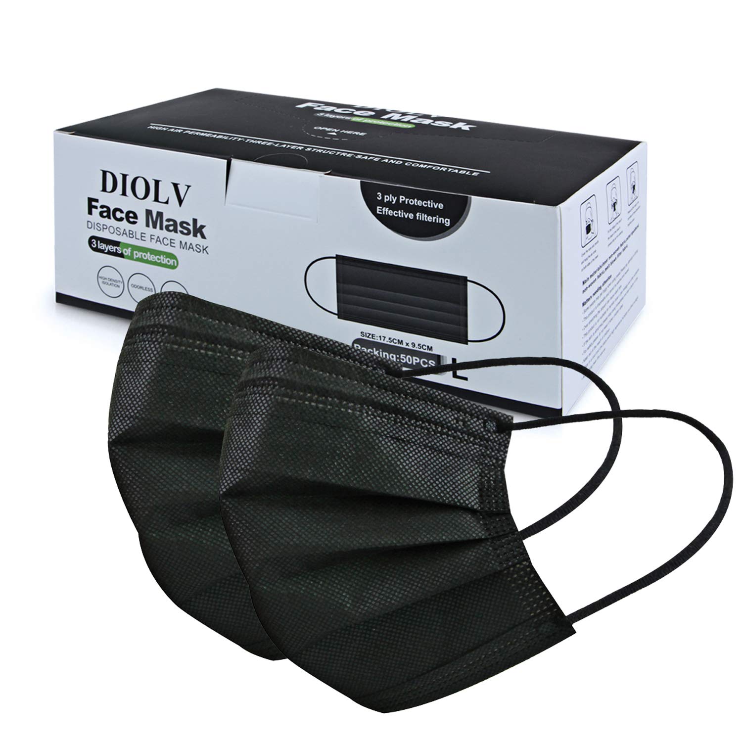 DIOLV 3-Layer Filtration Disposable Men’s Face Mask, 50-Pack
