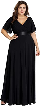 Ever-Pretty Ruffle Sleeve Plus Size Black Formal Gown