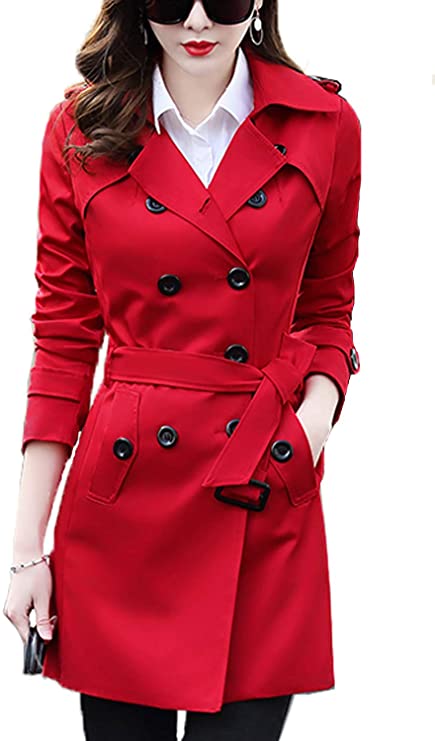 FARVALUE Belted Water-Resistant Red Trench Coat For Women