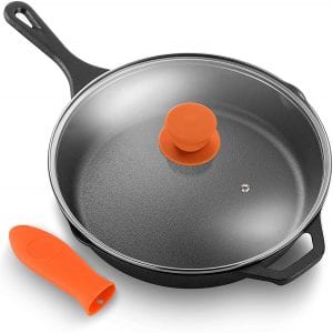 NutriChef PFOA-Free Cast Iron Skillet With Lid, 10-Inch