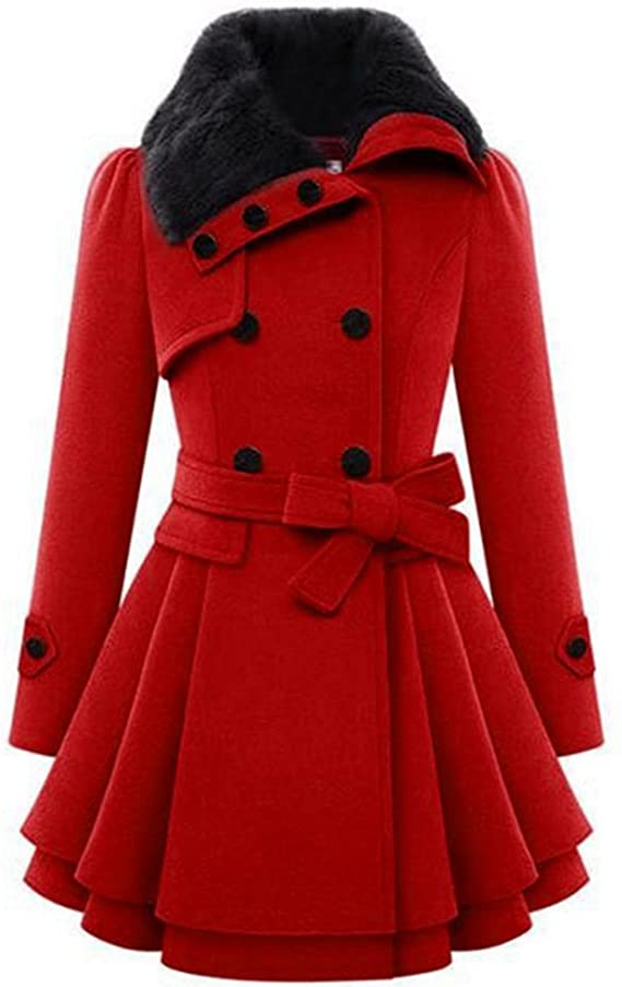 Zeagoo Faux Fur Lapel Red Trench Coat For Women