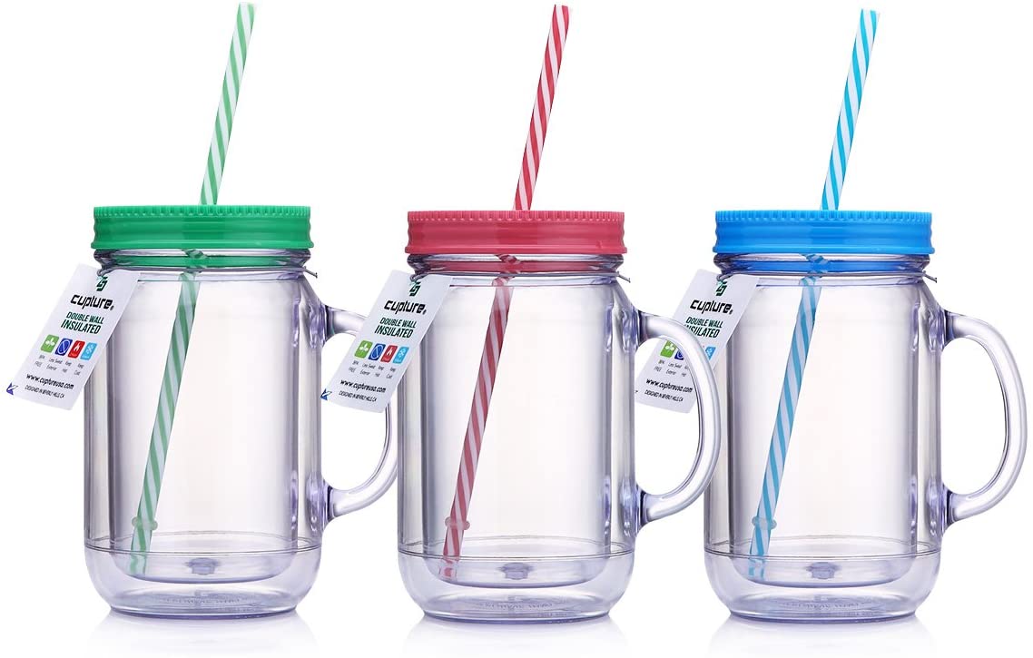 Cupture BPA-Free Plastic Mason Jars With Reusable Straws, 3-Pack