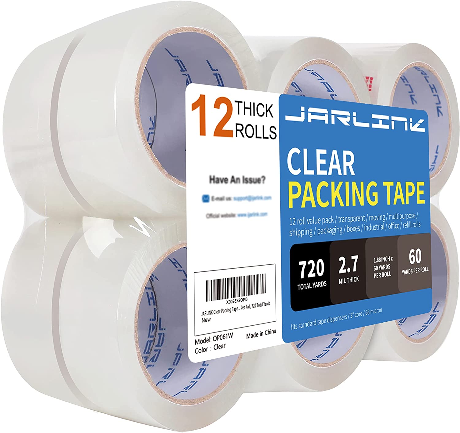 JARLINK Transparent Carton Sealing Tape, 12-Pack