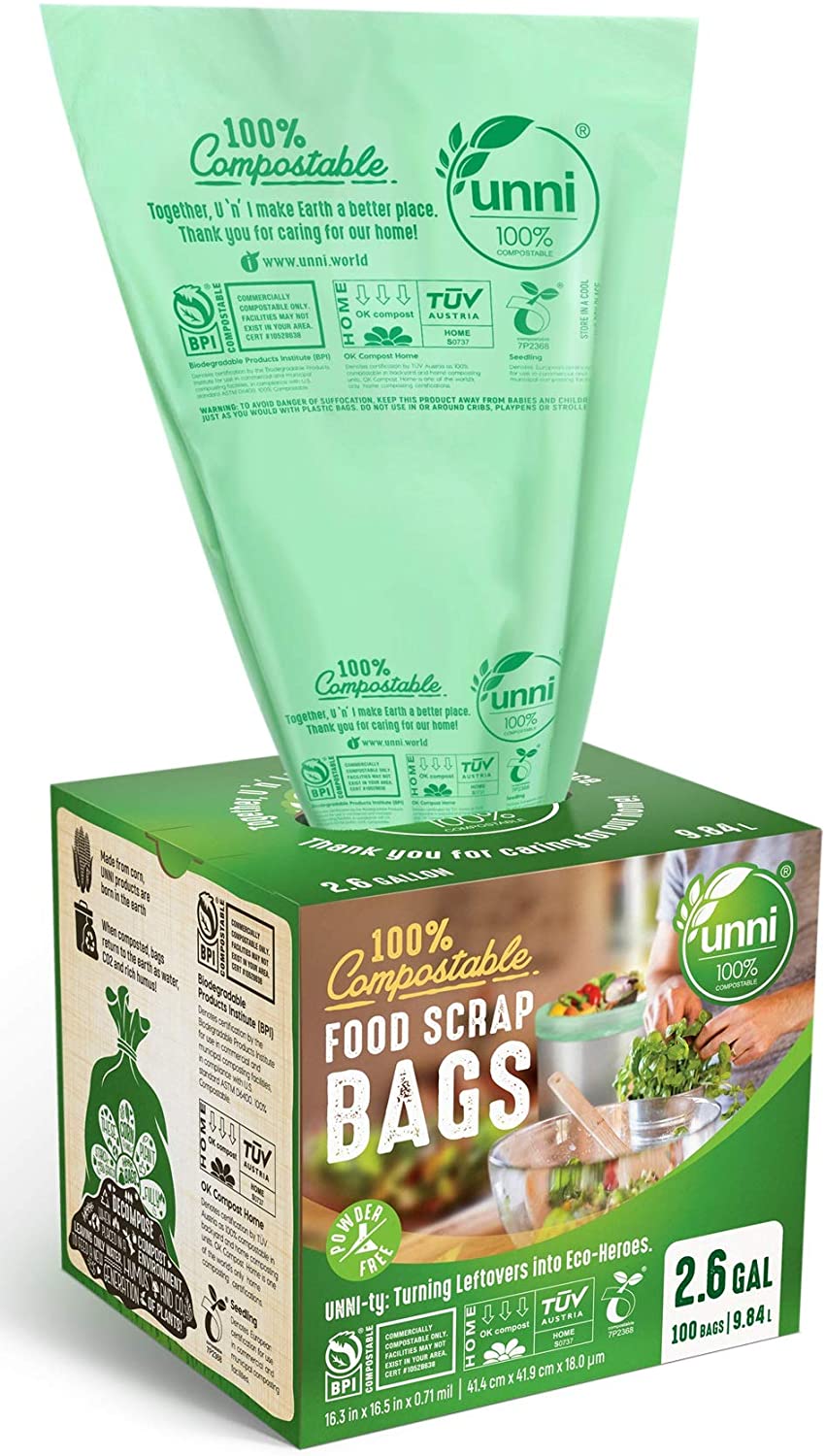 UNNI Plant Material Biodegradable Trash, Recycling & Compost Bags, 2.6-Gallon, 100-Count