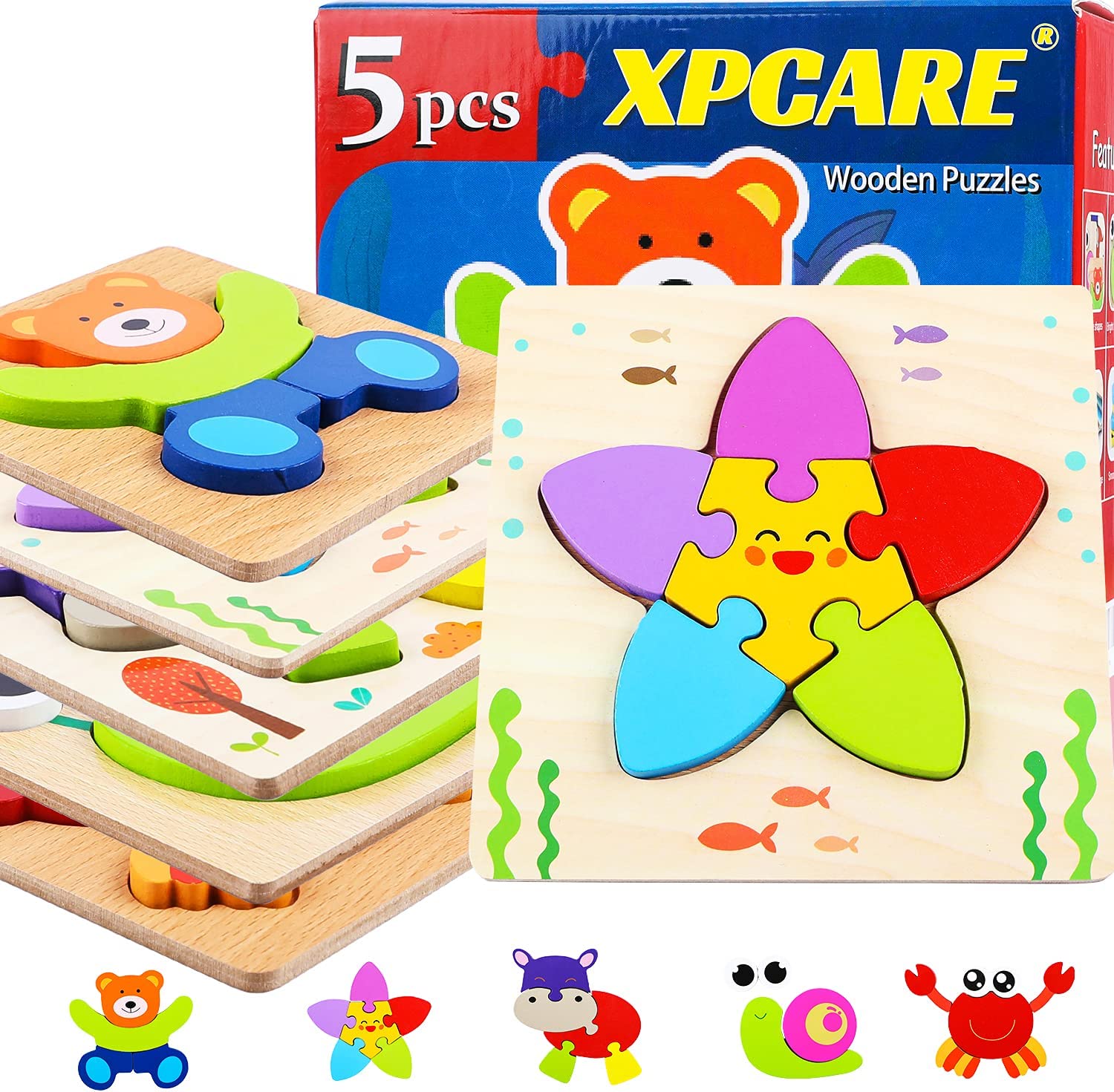 XPCARE Wooden Animal Easy Assemble Toddler Puzzles, 5-Pack
