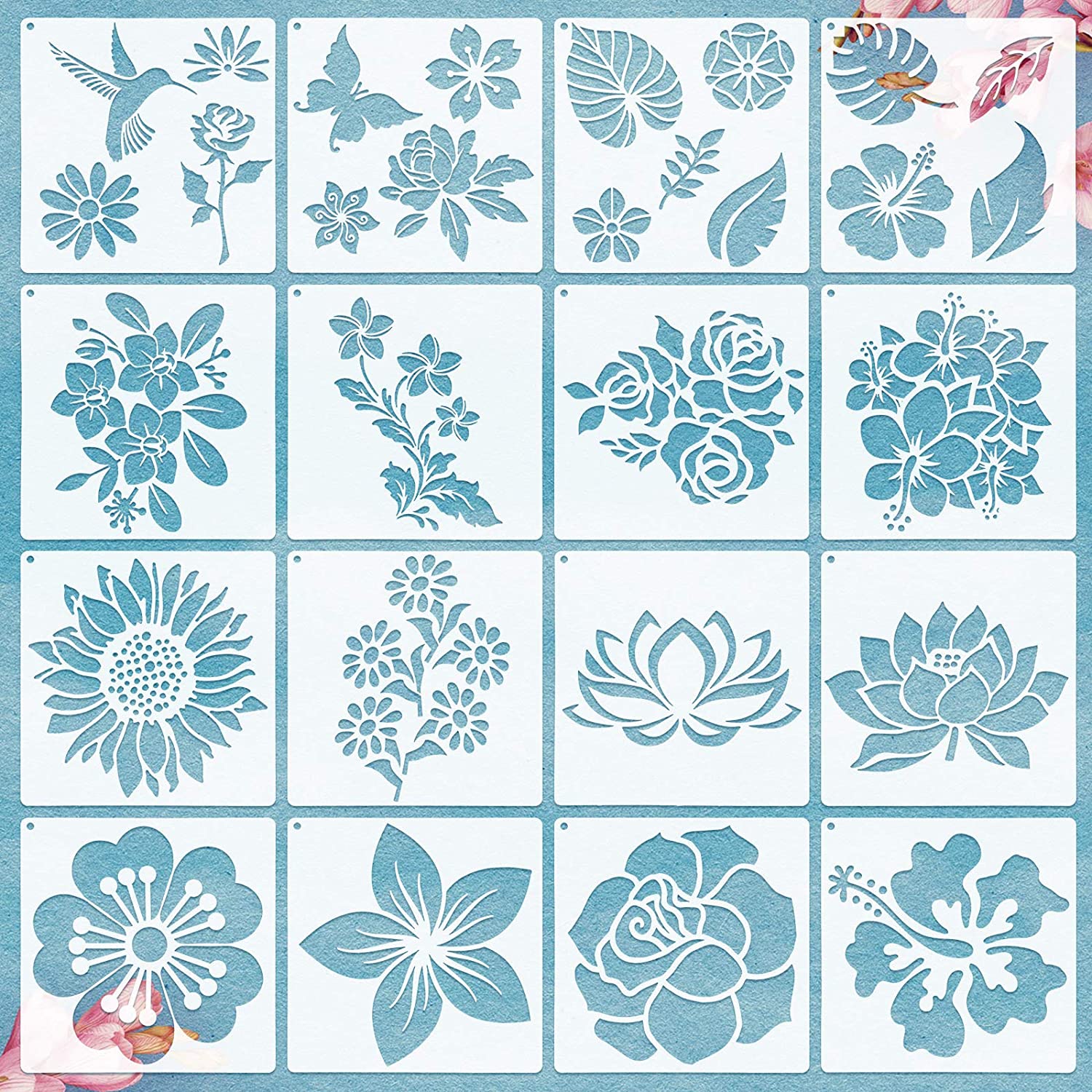 Zonon 6.3 x 6.3-Inch Floral Stencils & Templates, 16-Piece