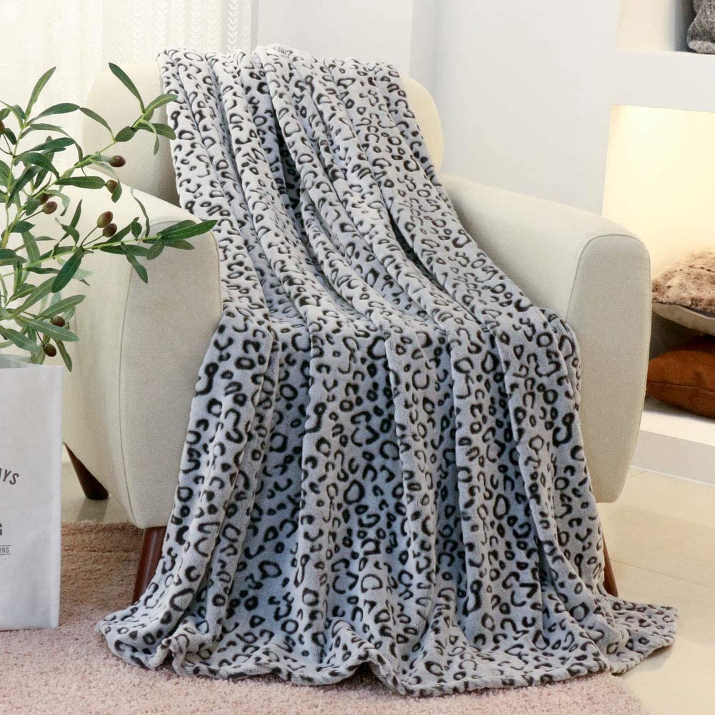 FY Fiber House Fleece Flannel Leopard Print Blanket, 50-Inch x 60-Inch