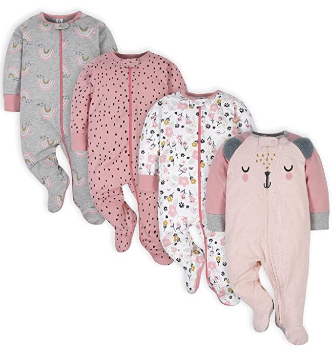 Gerber Cotton Footed Baby Girl Sleeper, 4-Pack